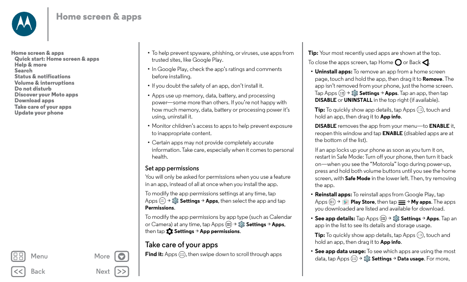 See “ take care of your apps ”), Take care of your apps, Next | Home screen & apps | Motorola Moto X Pure Edition User Manual | Page 12 / 57