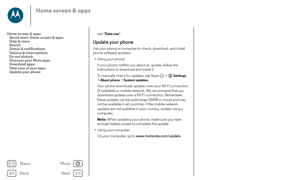 Update your phone, Next, Home screen & apps | Motorola Moto X Pure Edition User Manual | Page 13 / 57