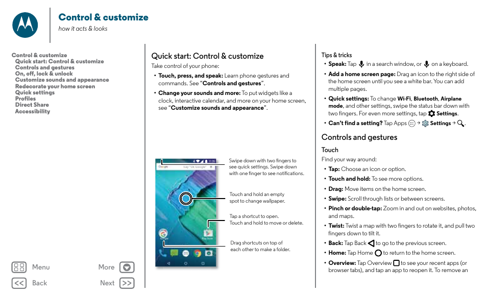 Control & customize, Next, Quick start: control & customize | Controls and gestures | Motorola Moto X Pure Edition User Manual | Page 14 / 57