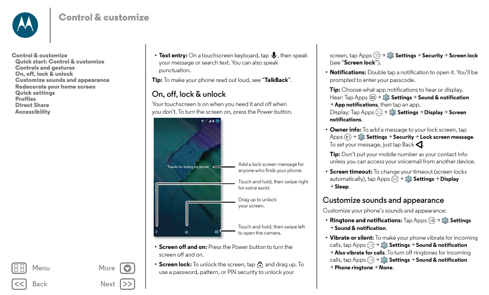 See “ customize sounds and appearance, Next, Control & customize | On, off, lock & unlock, Customize sounds and appearance | Motorola Moto X Pure Edition User Manual | Page 16 / 57