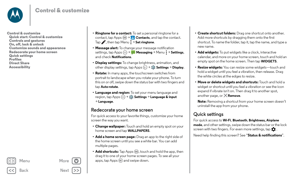 Quick settings, Redecorate your home screen, Een, see “ redecorate your home screen | E, see “ quick settings, Redecorate your home screen quick settings, Next, Control & customize | Motorola Moto X Pure Edition User Manual | Page 17 / 57