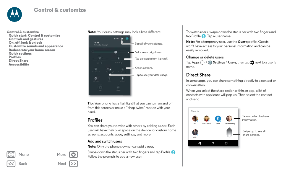 Profiles direct share, Next, Control & customize | Profiles, Direct share, Back next menu more, Add and switch users, Change or delete users | Motorola Moto X Pure Edition User Manual | Page 18 / 57