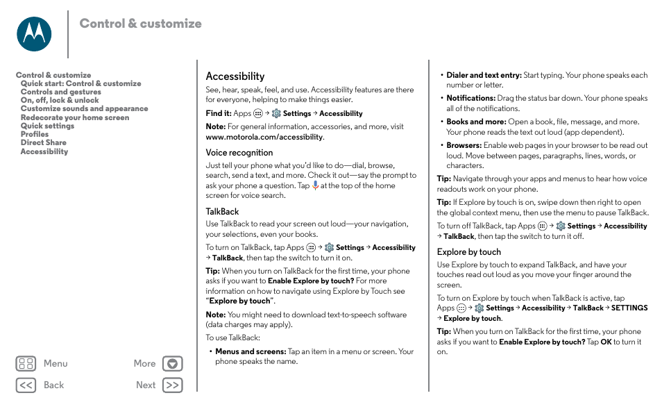 Accessibility, Ead out loud, see “ talkback, Next | Control & customize | Motorola Moto X Pure Edition User Manual | Page 19 / 57