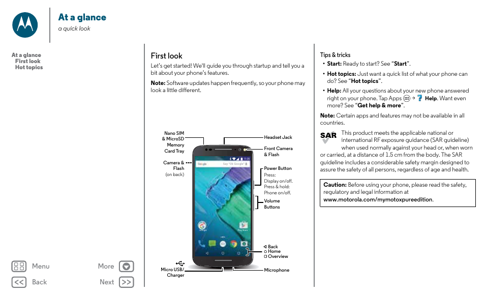 Safety, At a glance, First look | Back next menu more | Motorola Moto X Pure Edition User Manual | Page 2 / 57