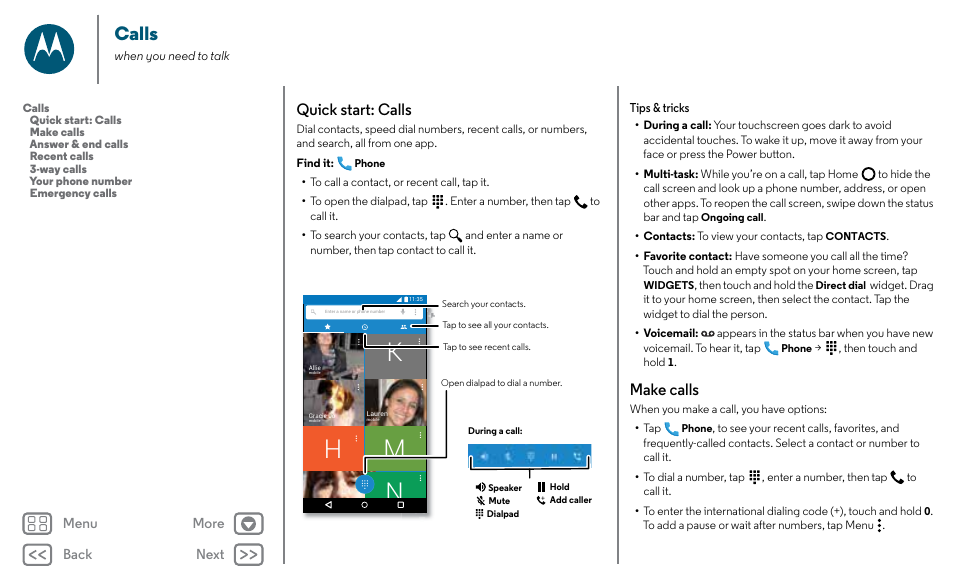 Calls, Next, Km h n | Quick start: calls, Make calls | Motorola Moto X Pure Edition User Manual | Page 23 / 57