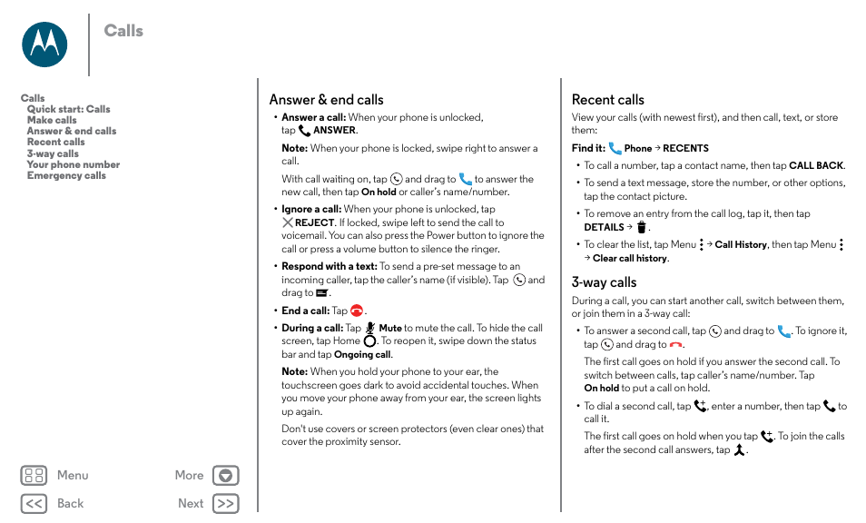 Next, Answer & end calls recent calls 3-way calls, Calls | Answer & end calls, Recent calls, Way calls | Motorola Moto X Pure Edition User Manual | Page 24 / 57