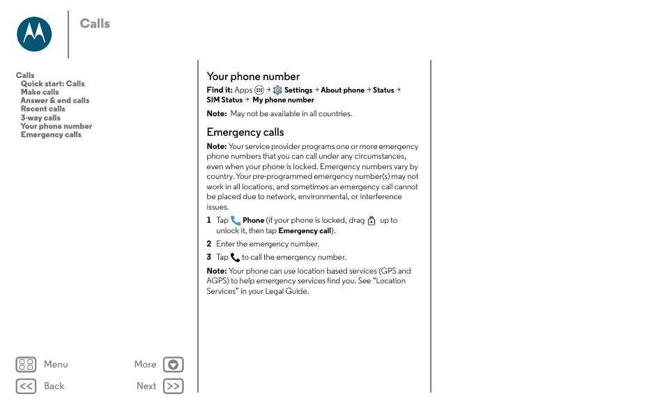 Your phone number emergency calls, Next, Calls | Your phone number, Emergency calls | Motorola Moto X Pure Edition User Manual | Page 25 / 57