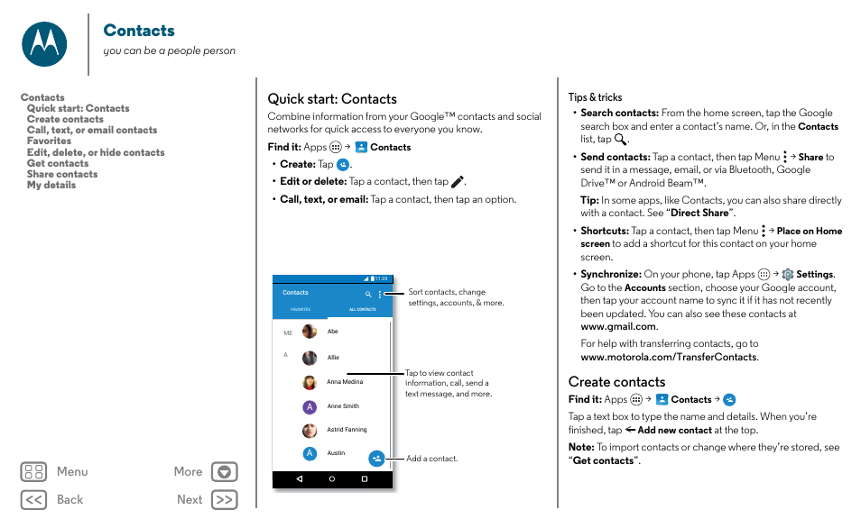 Contacts, Next, Quick start: contacts | Create contacts, Back next menu more | Motorola Moto X Pure Edition User Manual | Page 26 / 57