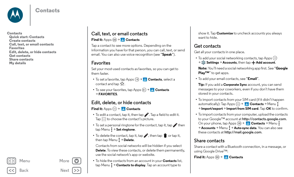 Next, Get contacts, Contacts | Call, text, or email contacts, Favorites, Edit, delete, or hide contacts, Share contacts | Motorola Moto X Pure Edition User Manual | Page 27 / 57