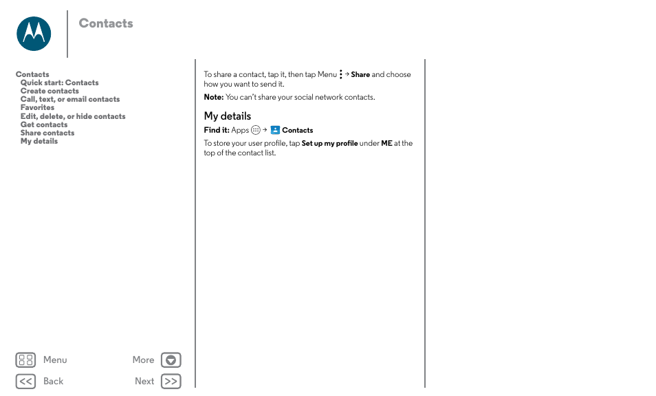 My details, Next, Contacts | Motorola Moto X Pure Edition User Manual | Page 28 / 57