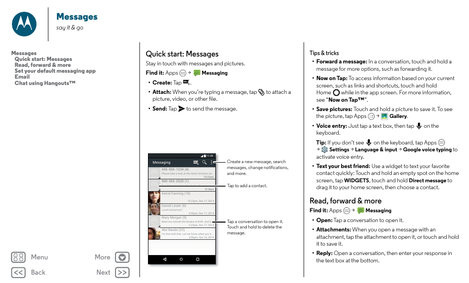 Messages, Next, Quick start: messages | Read, forward & more, Back next menu more | Motorola Moto X Pure Edition User Manual | Page 29 / 57