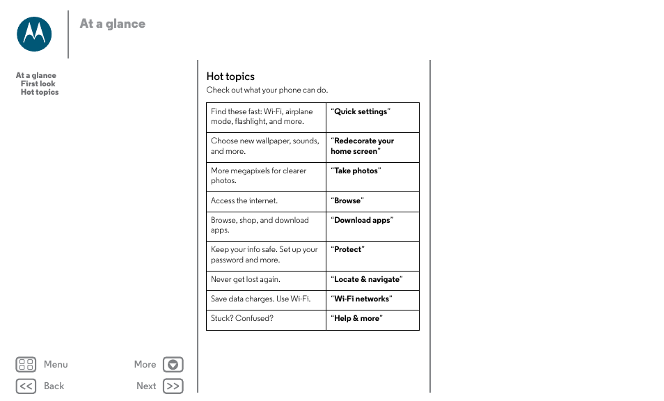 Hot topics, Next, See “ hot topics | At a glance | Motorola Moto X Pure Edition User Manual | Page 3 / 57