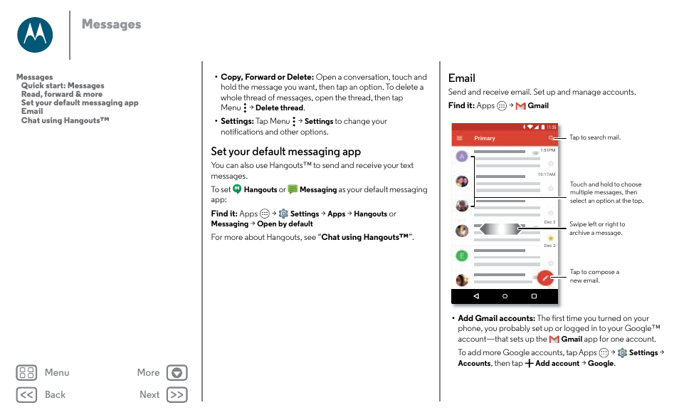 Email, Ounts, see “ email, Ontacts, see “ email | Next, Set your default messaging app email, Messages, Set your default messaging app, Back next menu more | Motorola Moto X Pure Edition User Manual | Page 30 / 57