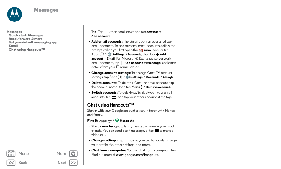 Chat using hangouts, Next, Angouts, see “ chat using hangouts | Messages | Motorola Moto X Pure Edition User Manual | Page 31 / 57