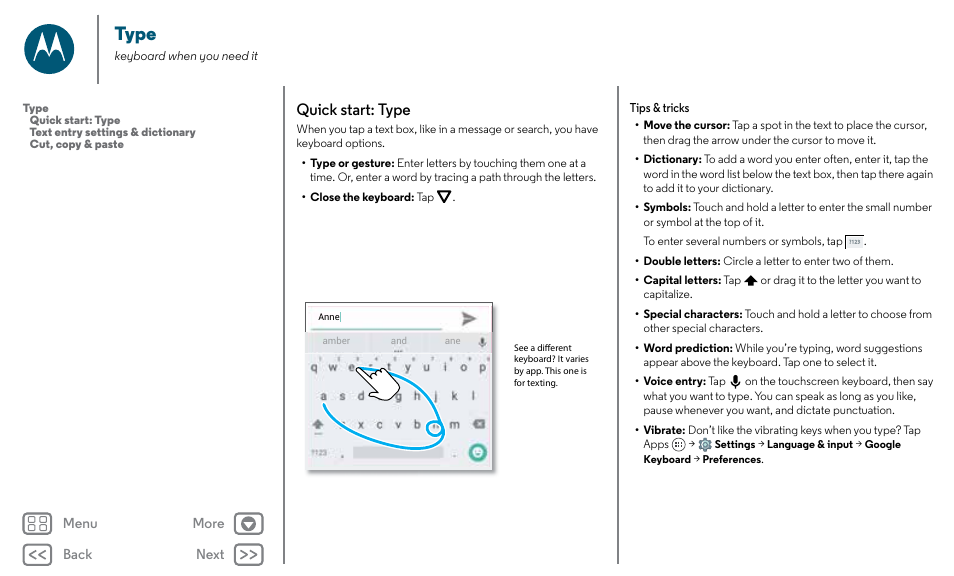 Type, Next, Quick start: type | Motorola Moto X Pure Edition User Manual | Page 32 / 57