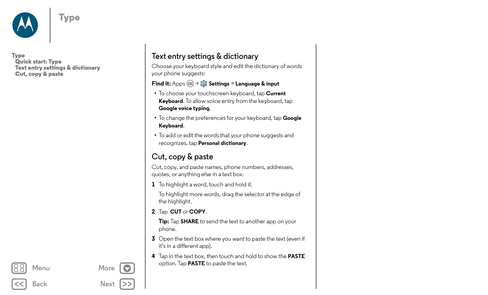 Next, Text entry settings & dictionary cut, copy & paste, Type | Text entry settings & dictionary, Cut, copy & paste | Motorola Moto X Pure Edition User Manual | Page 33 / 57