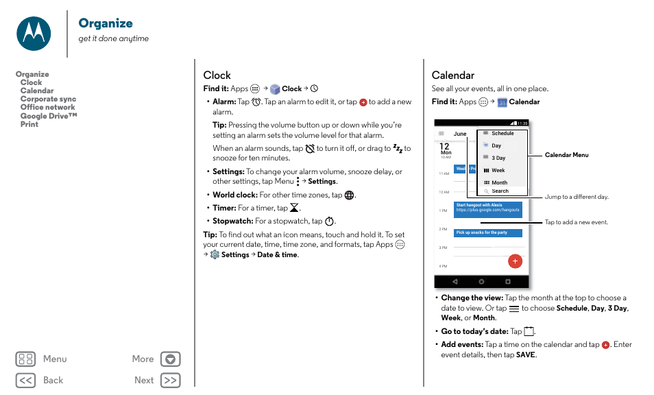 Organize, Next, Clock | Calendar, Back next menu more | Motorola Moto X Pure Edition User Manual | Page 34 / 57