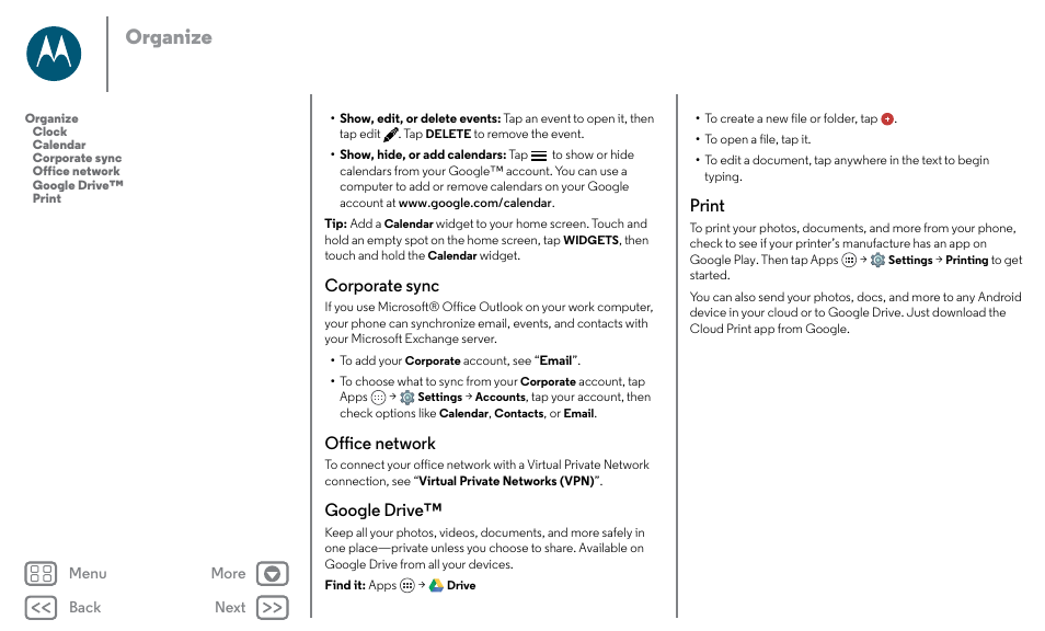 Next, Corporate sync office network google drive™ print, Organize | Corporate sync, Office network, Google drive, Print | Motorola Moto X Pure Edition User Manual | Page 35 / 57