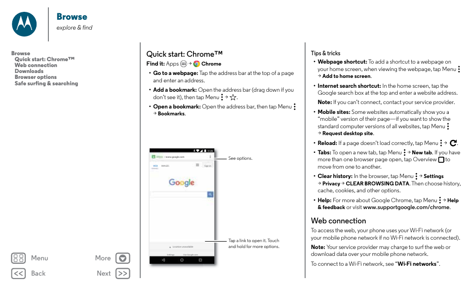 Browse, Next, Quick start: chrome | Web connection, Back next menu more | Motorola Moto X Pure Edition User Manual | Page 38 / 57