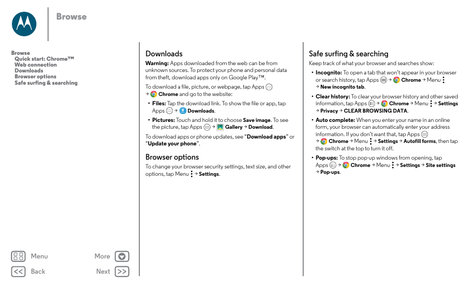 See “ downloads, Next, Downloads browser options safe surfing & searching | Browse, Downloads, Browser options, Safe surfing & searching | Motorola Moto X Pure Edition User Manual | Page 39 / 57