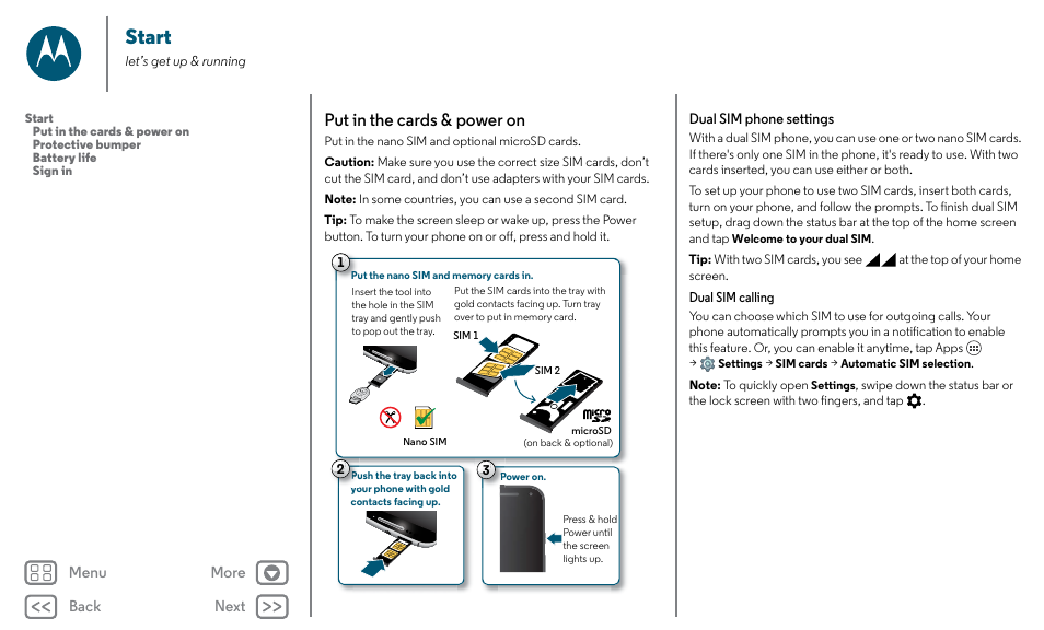 Start, To start? see “ start, Next | Put in the cards & power on | Motorola Moto X Pure Edition User Manual | Page 4 / 57