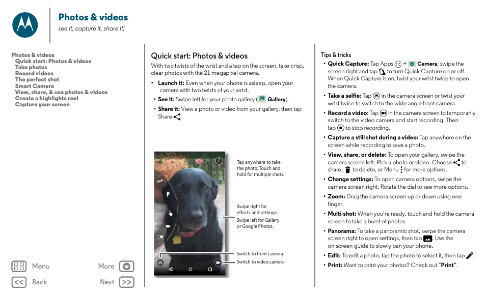 Photos & videos, Next, Quick start: photos & videos | Motorola Moto X Pure Edition User Manual | Page 40 / 57