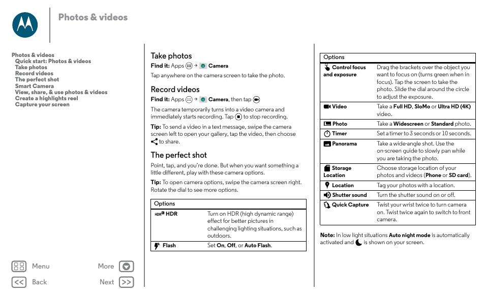 Take photos, Next, Take photos record videos the perfect shot | Photos & videos, Record videos, The perfect shot | Motorola Moto X Pure Edition User Manual | Page 41 / 57