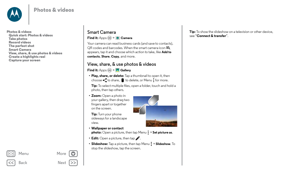 Smart camera view, share, & use photos & videos, Next, Photos & videos | Smart camera, View, share, & use photos & videos | Motorola Moto X Pure Edition User Manual | Page 42 / 57