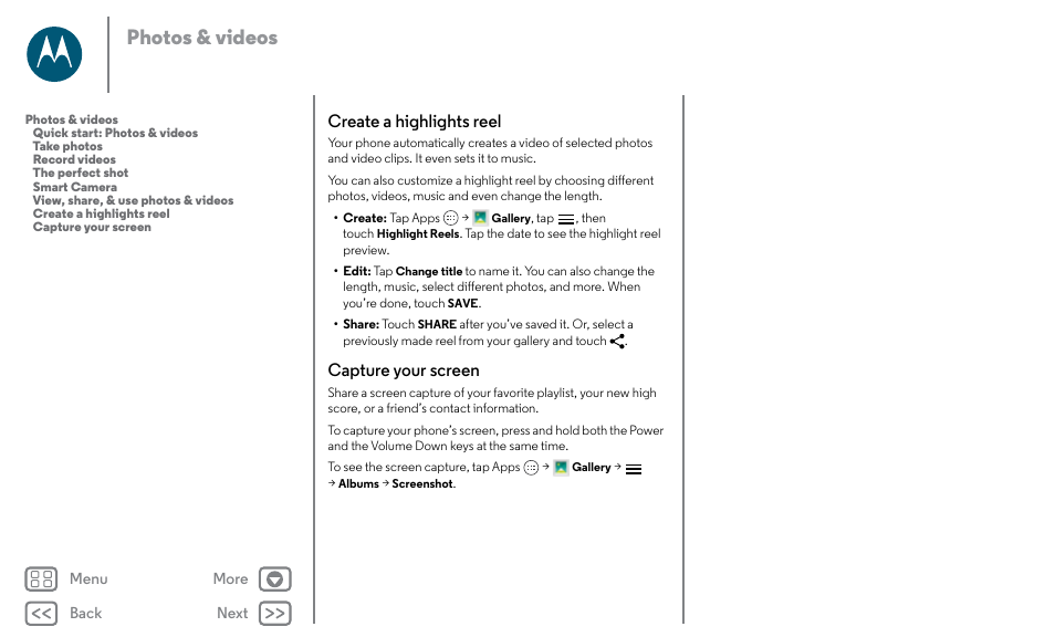 Create a highlights reel capture your screen, Next, Photos & videos | Create a highlights reel, Capture your screen | Motorola Moto X Pure Edition User Manual | Page 43 / 57