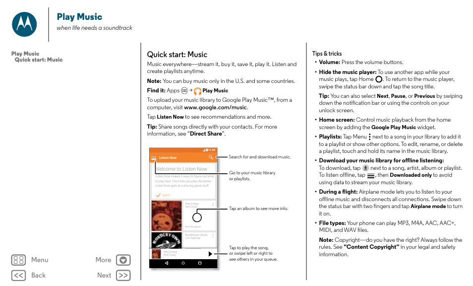 Music, See “ play music, Next | Play music, Quick start: music, Back next menu more | Motorola Moto X Pure Edition User Manual | Page 44 / 57