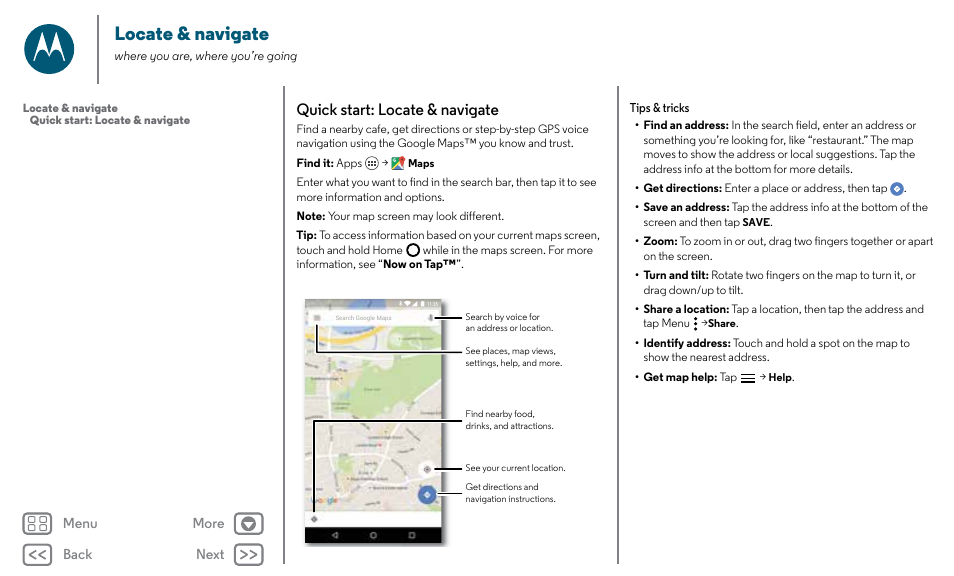 Locate & navigate, Next, Quick start: locate & navigate | Motorola Moto X Pure Edition User Manual | Page 45 / 57