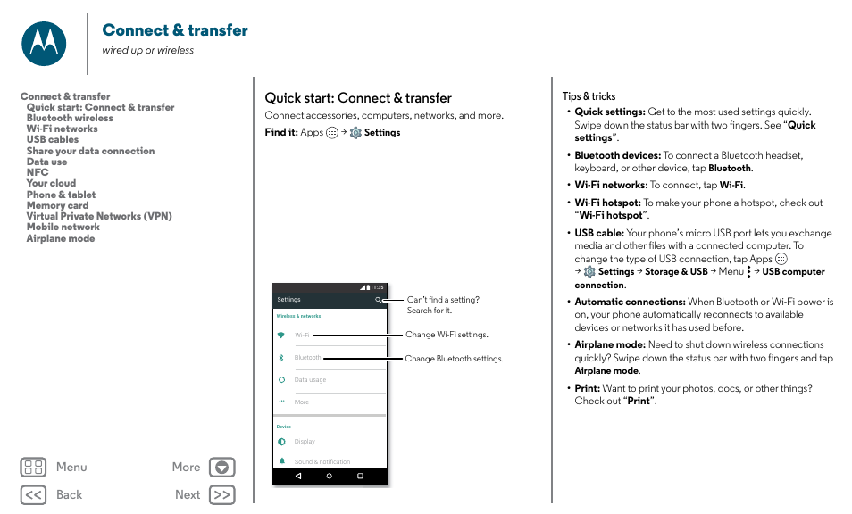 Connect & transfer, See “ connect & transfer, Next | Quick start: connect & transfer, Back next menu more | Motorola Moto X Pure Edition User Manual | Page 46 / 57