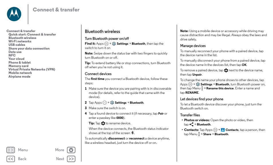 Next, Bluetooth wireless, Connect & transfer | Motorola Moto X Pure Edition User Manual | Page 47 / 57