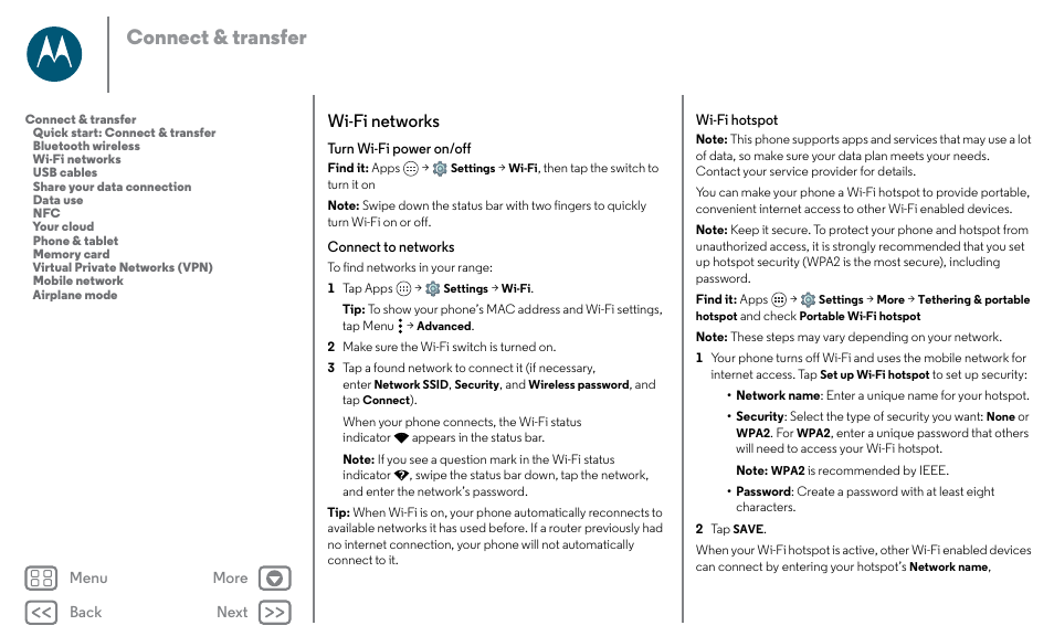 Wi-fi networks, E in “ wi-fi, Networks | Ork, see “ wi-fi networks, Wi-fi hotspot, Next, Connect & transfer | Motorola Moto X Pure Edition User Manual | Page 48 / 57