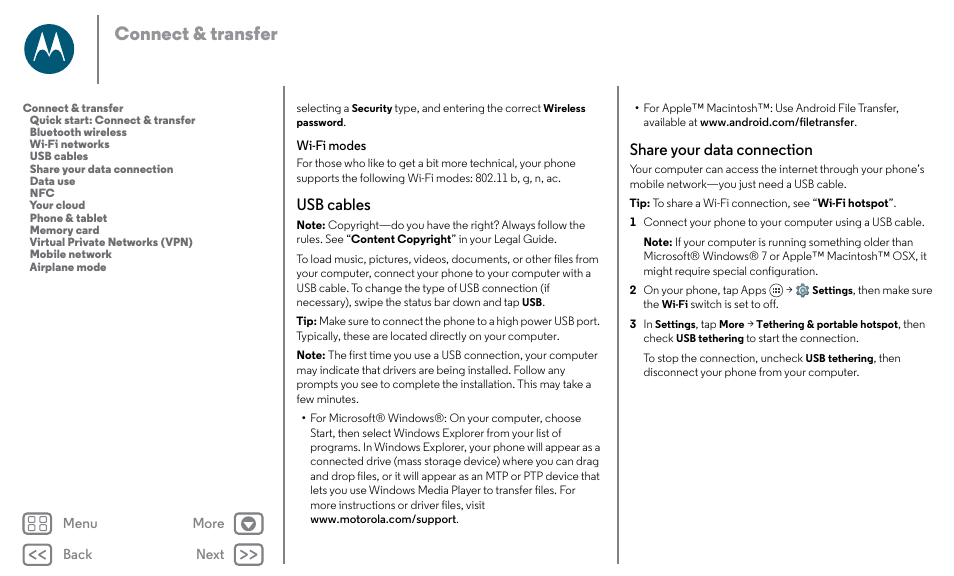 Usb cables share your data connection, Next, Connect & transfer | Usb cables, Share your data connection | Motorola Moto X Pure Edition User Manual | Page 49 / 57