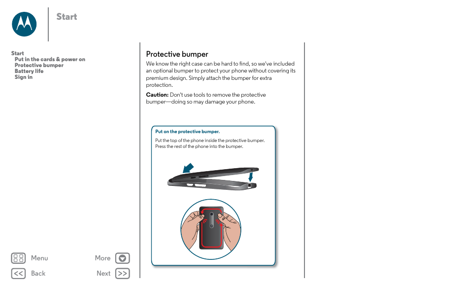 Next, Protective bumper, Start | Motorola Moto X Pure Edition User Manual | Page 5 / 57