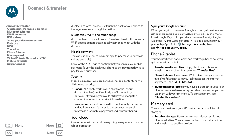 Check out “ your, Cloud, Your cloud phone & tablet memory card | Next, Connect & transfer, Your cloud, Phone & tablet | Motorola Moto X Pure Edition User Manual | Page 51 / 57