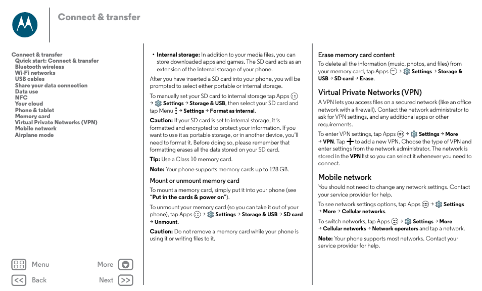 Onnection, see “ virtual private networks (vpn), Virtual private networks (vpn) mobile network, Next | Connect & transfer, Virtual private networks (vpn), Mobile network | Motorola Moto X Pure Edition User Manual | Page 52 / 57