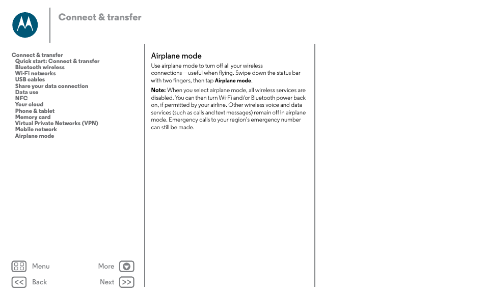 Airplane mode, Next, Connect & transfer | Motorola Moto X Pure Edition User Manual | Page 53 / 57