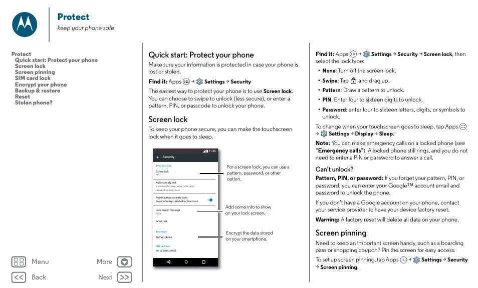 Protect, Our phone, see “ protect, See “ screen lock ”) | Next, Quick start: protect your phone, Screen lock, Screen pinning, Back next menu more | Motorola Moto X Pure Edition User Manual | Page 54 / 57