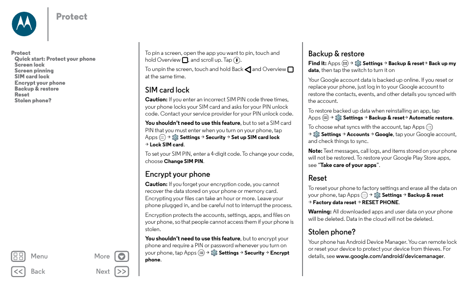 Next, Protect, Sim card lock | Encrypt your phone, Backup & restore, Reset, Stolen phone | Motorola Moto X Pure Edition User Manual | Page 55 / 57