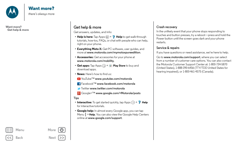 Search topics, Want more, Support | More, See “ get help & more, Next, Get help & more | Motorola Moto X Pure Edition User Manual | Page 56 / 57