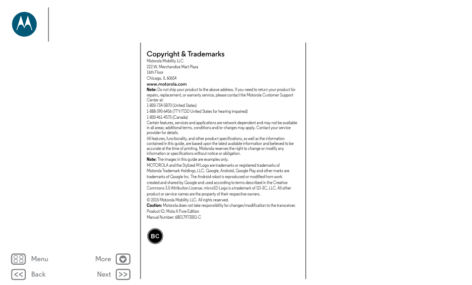 Next, Copyright & trademarks | Motorola Moto X Pure Edition User Manual | Page 57 / 57