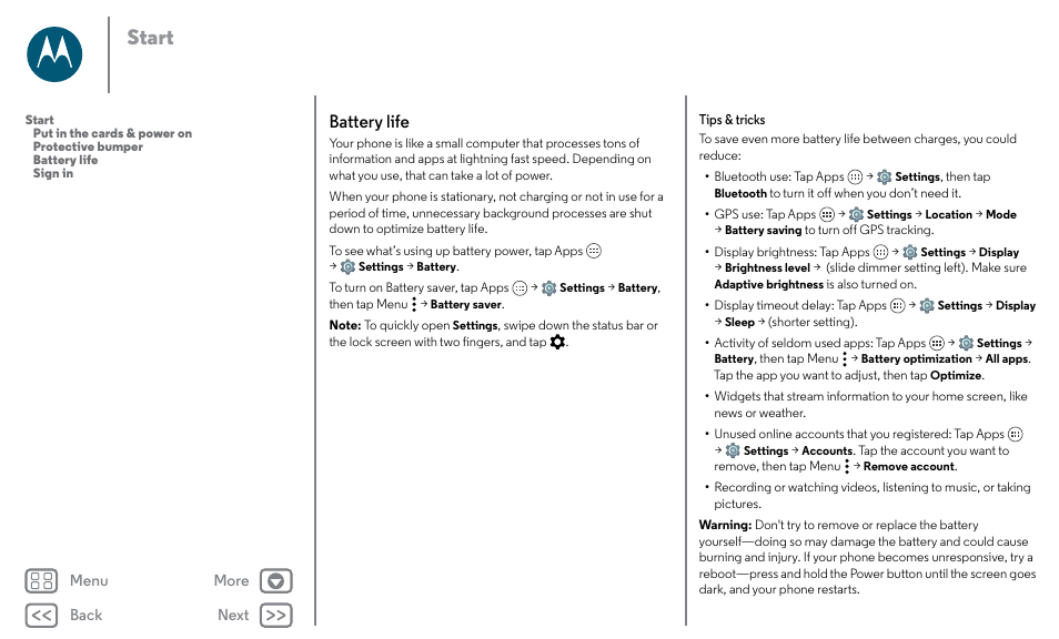 Battery life, Next, Start | Motorola Moto X Pure Edition User Manual | Page 6 / 57