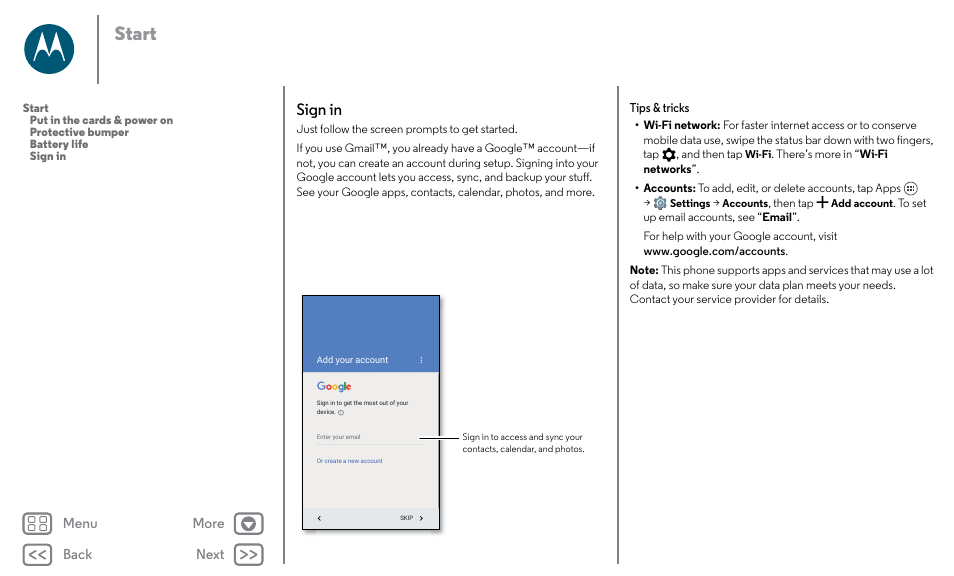 Sign in, Next, Start | Motorola Moto X Pure Edition User Manual | Page 7 / 57