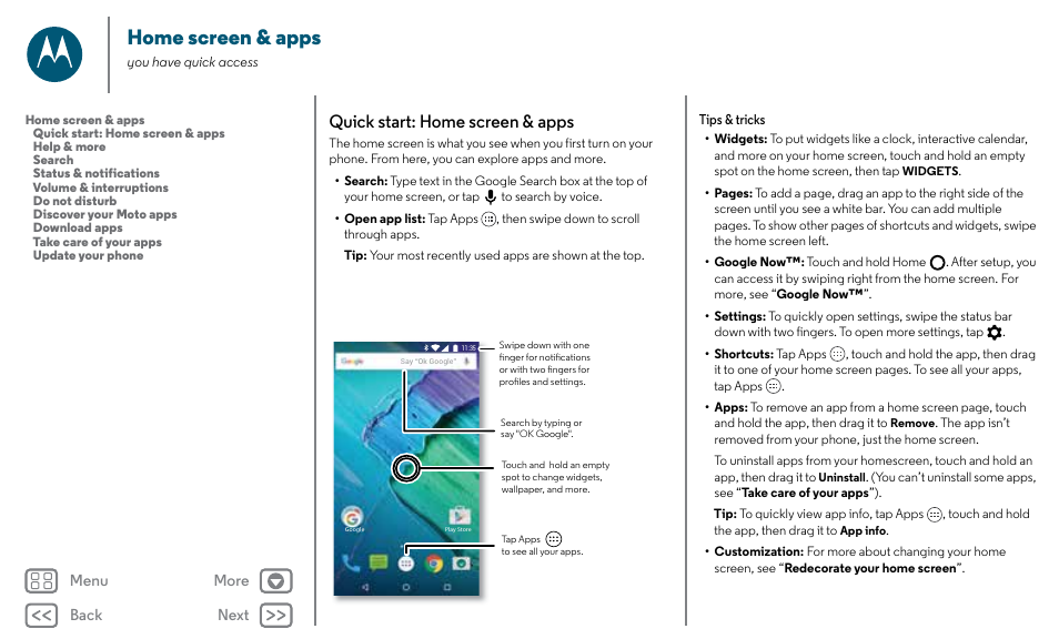 Home screen & apps, Next, Quick start: home screen & apps | Motorola Moto X Pure Edition User Manual | Page 8 / 57