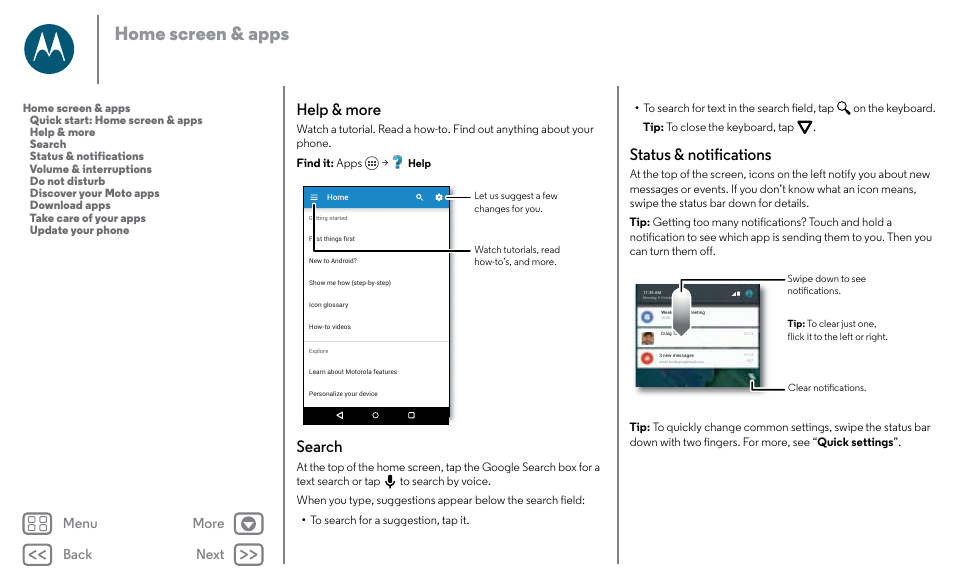 Help & more, Next, Help & more search status & notifications | Home screen & apps, Search, Status & notifications, Back next menu more | Motorola Moto X Pure Edition User Manual | Page 9 / 57