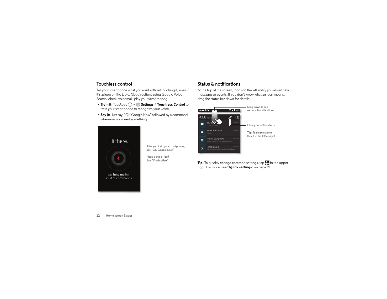 Touchless control, Status & notifications, Hi there | Motorola moto x User Manual | Page 14 / 74