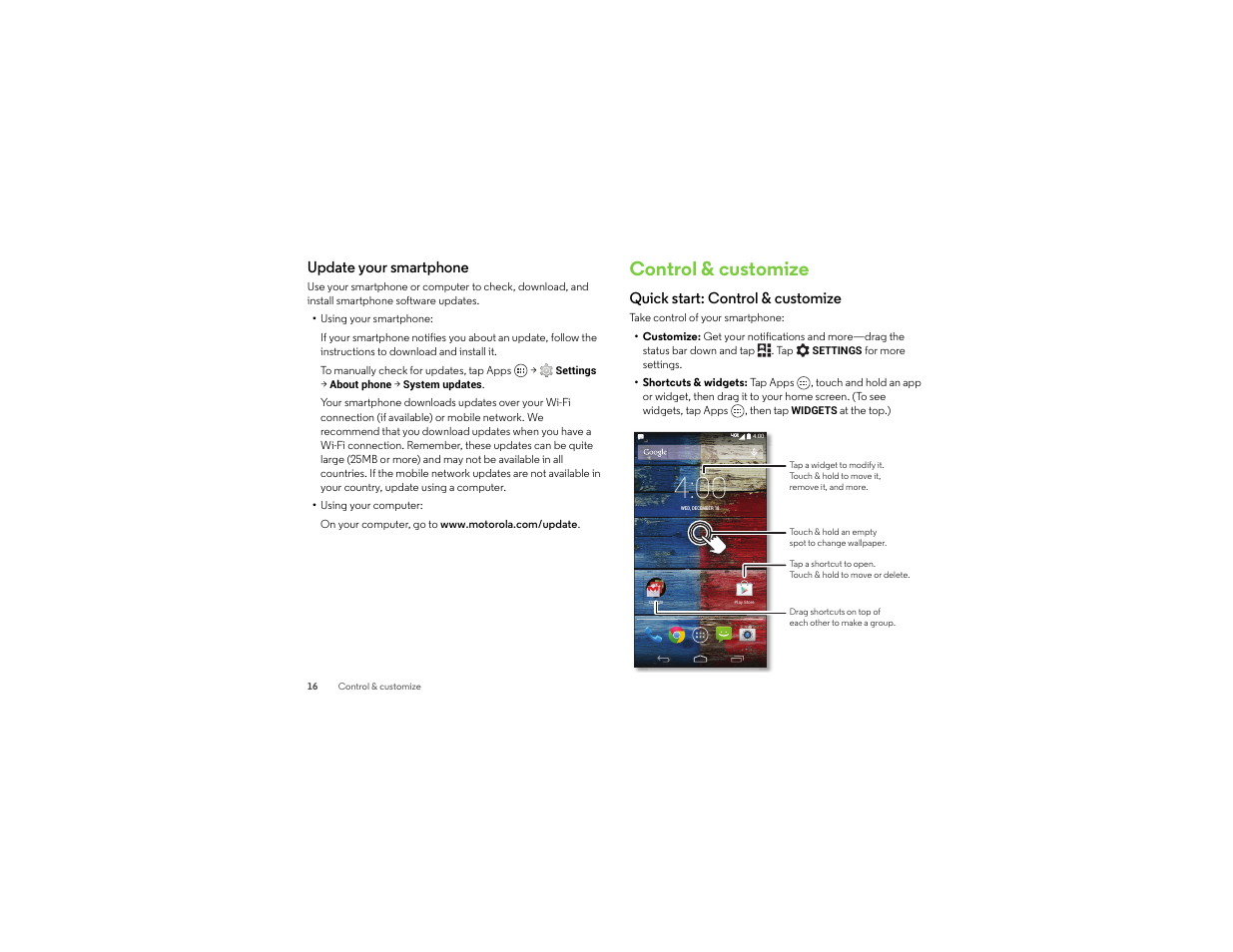 Update your smartphone, Control & customize, Quick start: control & customize | Motorola moto x User Manual | Page 18 / 74