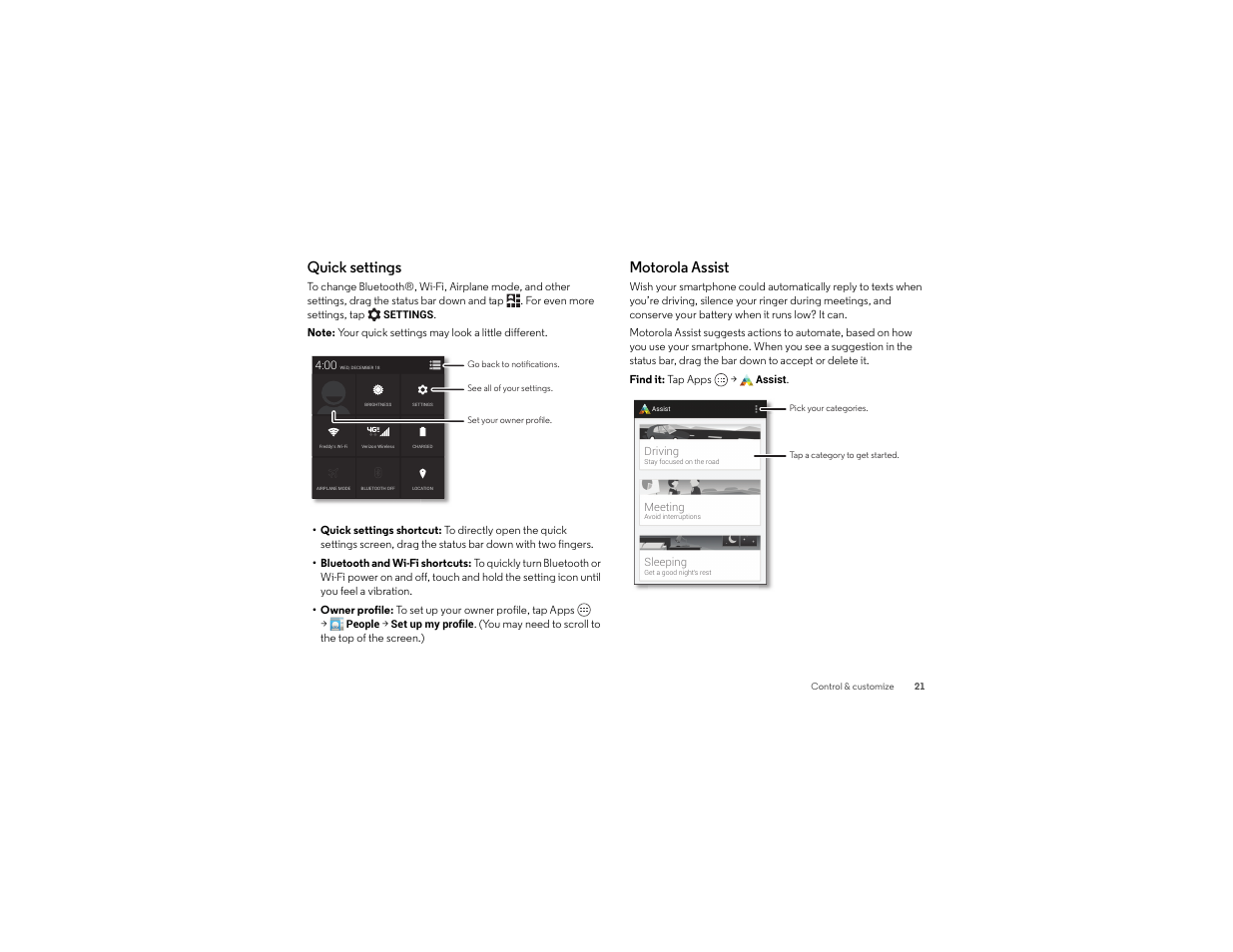 Quick settings, Motorola assist | Motorola moto x User Manual | Page 23 / 74